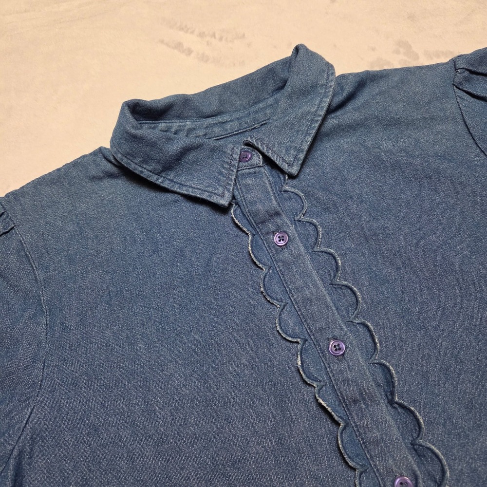 Ella Simone Womens L Blue Denim Scalloped Button Down Puff Sleeve Top Cottage